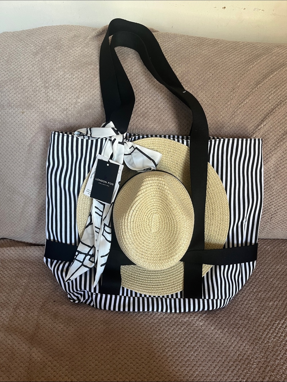 London Fog Black and White Striped Tote with Straw Accent New With Tags